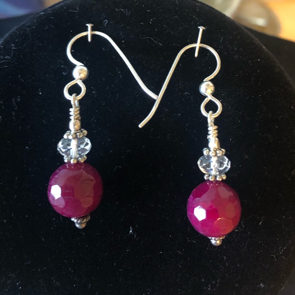 New Ruby Jade and Swarovski Crystal Sterling Silver Earrings
